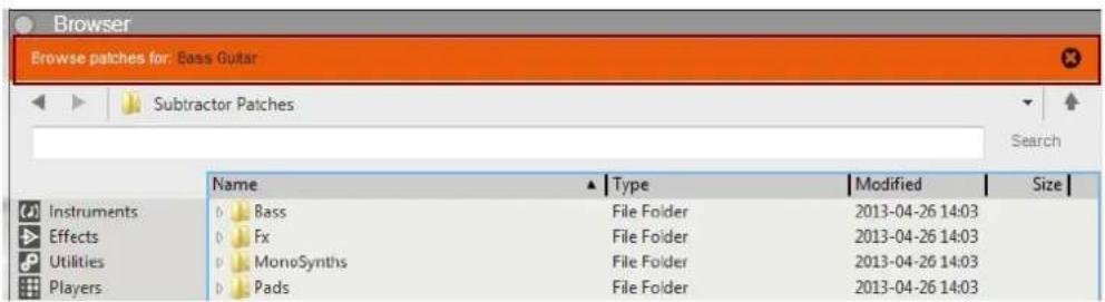 Browser Browse patches for: Bass Guitar Subtractor Patches Name ▲ Type Modified Size Instruments Bass File Folder 2013-04-26 14:03 Effects Fx File Folder 2013-04-26 14:03 Utilities MonoSynths File Folder 2013-04-26 14:03 Players Pads File Folder 2013-04-26 14:03