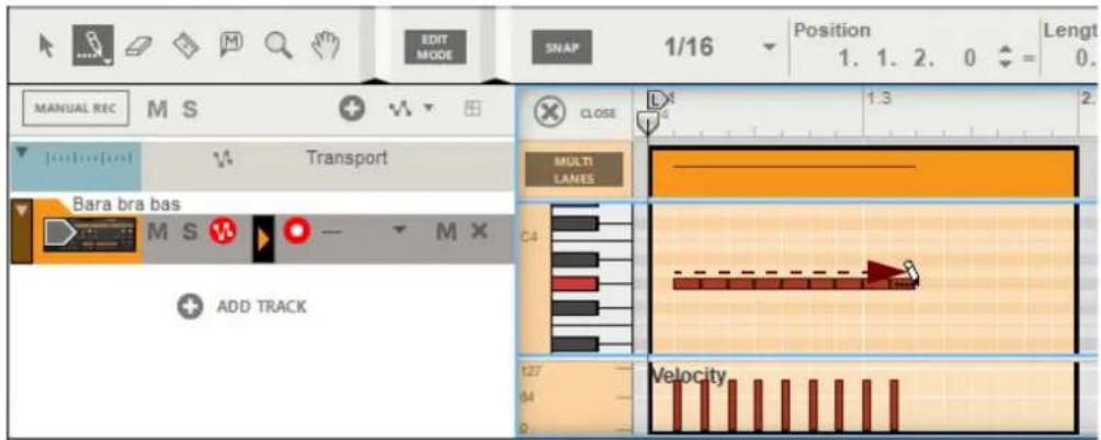 EDIT MODE MANUAL REC M S + Transport Bara bra bas M S ADD TRACK SNAP 1/16 Position 1. 1. 2. 0 = Length 0. CLOSE 1.3 2. MULTI LANES C4 127 84 0 Velocity