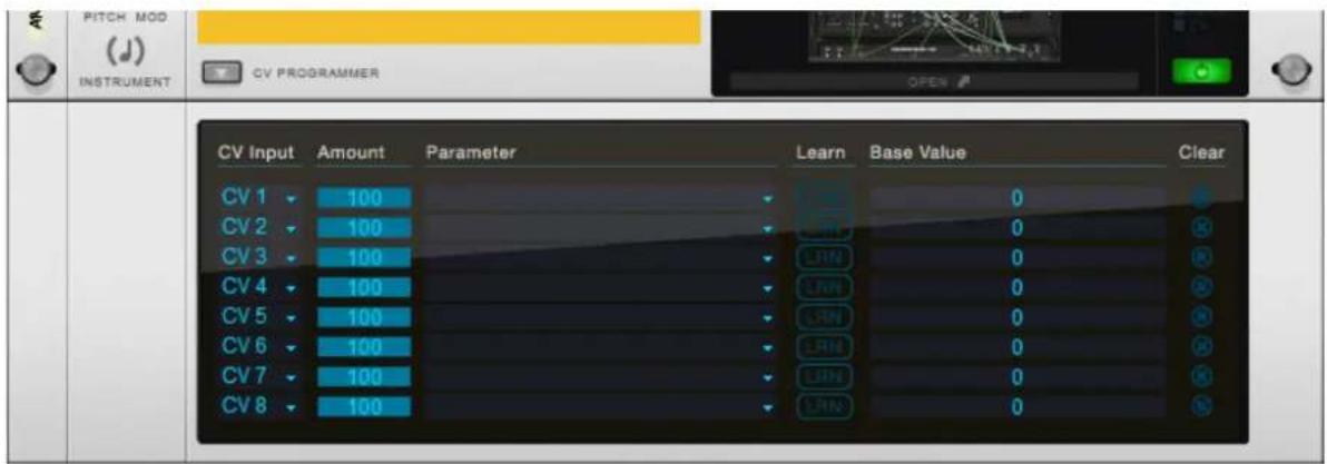 PITCH MODE INSTRUMENT CV PROGRAMMER Open CV Input Amount Parameter Learn Base Value Clear CV 1 100 0 CV 2 100 0 CV 3 100 LIN 0 CV 4 100 LIN 0 CV 5 100 LIN 0 CV 6 100 LIN 0 CV 7 100 LIN 0 CV 8 100 LIN 0