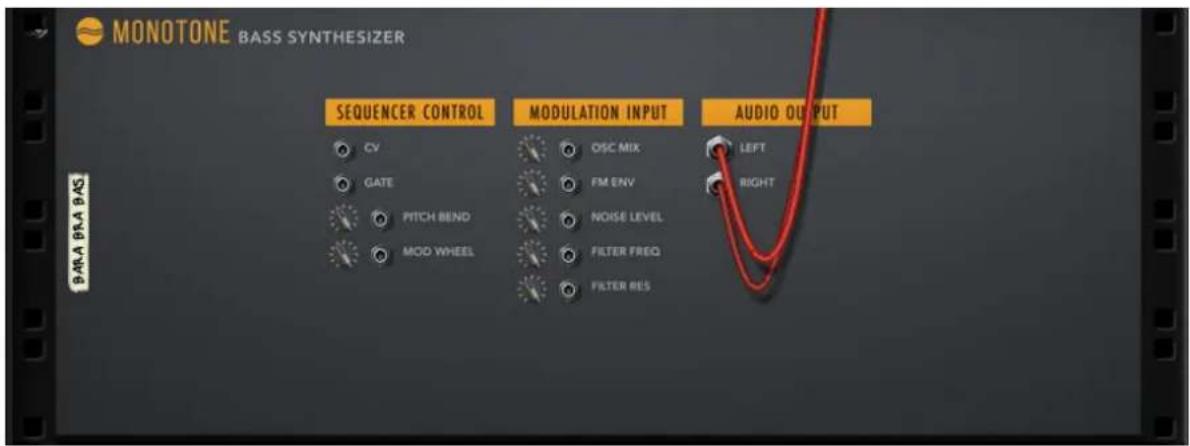 MONOTONE BASS SYNTHESIZER SEQUENCER CONTROL OCV GATE PITCH BEND MOD WHEEL MODULATION INPUT OSC MIX FM ENV NOISE LEVEL FILTER FREQ FILTER RES AUDIO OUTPUT LEFT RIGHT DARA DRA BAS
