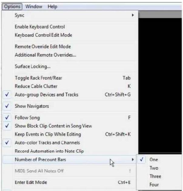 Options Window Help Sync Enable Keyboard Control Keyboard Control Edit Mode Remote Override Edit Mode Additional Remote Overrides... Surface Locking... Toggle Rack Front/Rear Tab Reduce Cable Clutter K Auto-group Devices and Tracks Ctrl+Shift+G Show Navigators Follow Song F Show Block Clip Content in Song View Keep Events in Clip While Editing Ctrl+Shift+K Auto-color Tracks and Channels Record Automation into Note Clip Number of Precount Bars MIDI: Send All Notes Off Enter Edit Mode Ctrl+E One Two Three Four