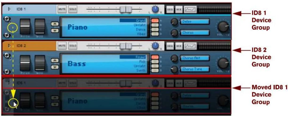 ID8 1 MUTE SOLO Piano Grand Uprisht Dance Vibes Delay Chorus VOLUME ID8 2 MUTE SOLO Bass Finder Pick Uprisht Synth Chorus Pair Chorus Type VOLUME ID8 1 MUTE SOLO Piano Delors Chorus Moved ID8 1 Device Group