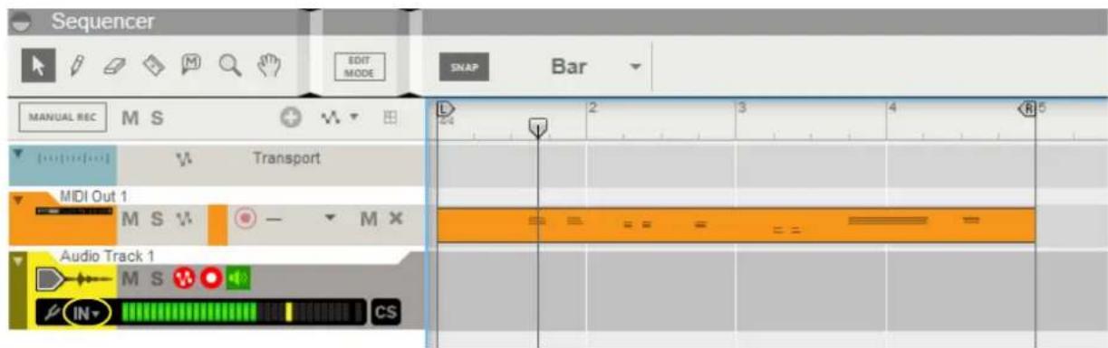 Sequencer EDIT MODE MANUAL REC M S Transport MIDI Out 1 M S V - M X Audio Track 1 M S CS