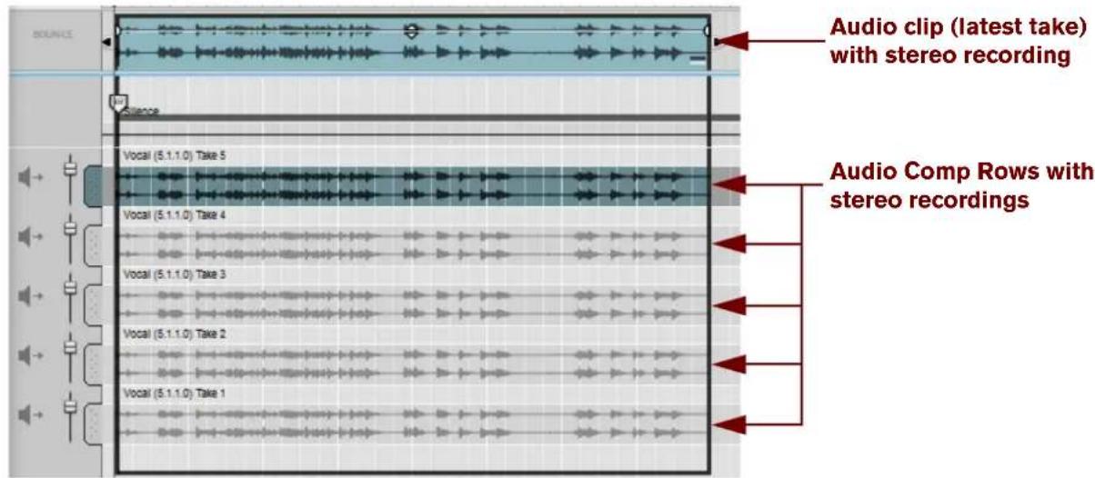 Audio clip (latest take) with stereo recording Audio Comp Rows with stereo recordings