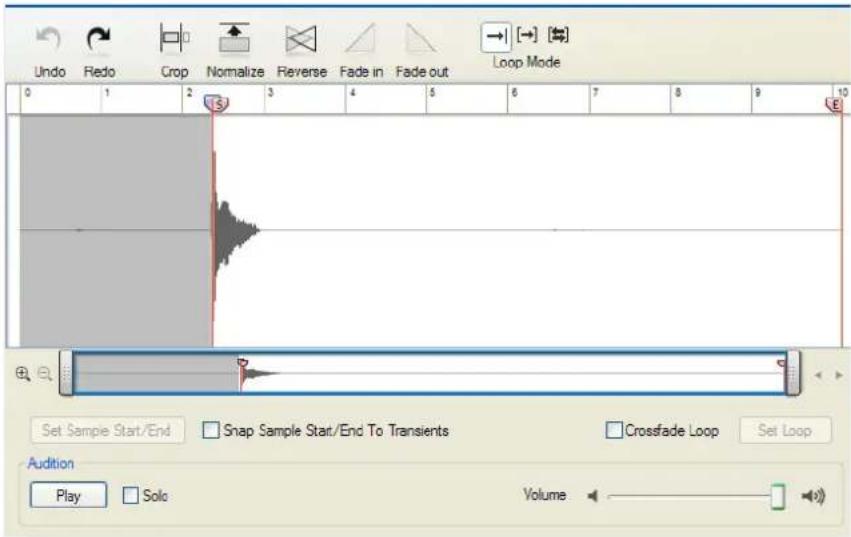 Undo Redo Crop Normalize Reverse Fade in Fade out Loop Mode 0 1 2 3 4 5 6 7 8 9 10 Set Sample Start/End Snap Sample Start/End To Transients Crossfade Loop Set Loop Audition Play Solo Volume