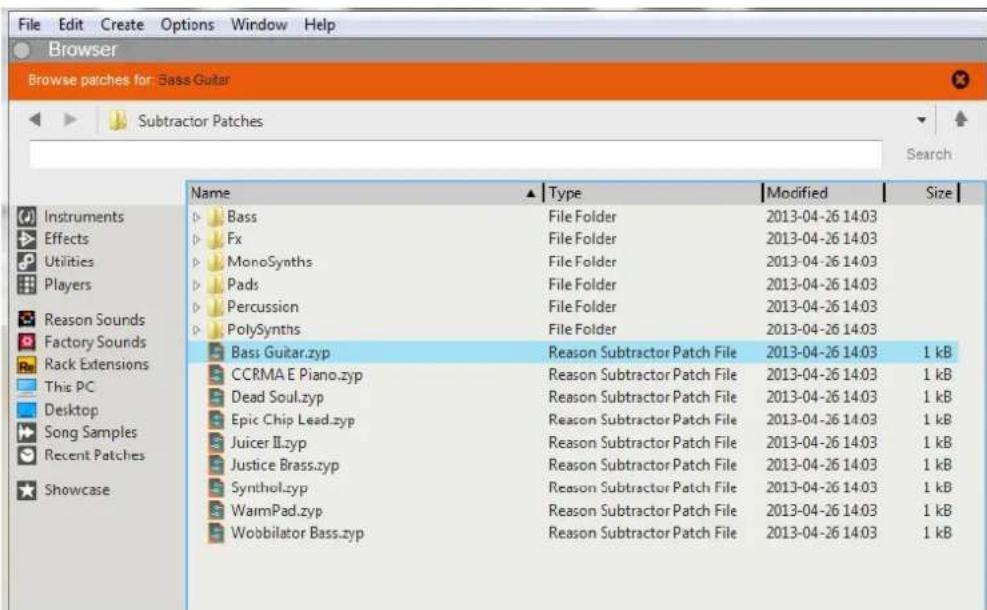File Edit Create Options Window Help Browser Browse patches for: Bass Guitar Subtractor Patches Name ▲ Type Modified Size Instruments Bass File Folder 2013-04-26 14.03 Effects Fx File Folder 2013-04-26 14.03 Utilities MonoSynths File Folder 2013-04-26 14.03 Players Pads File Folder 2013-04-26 14.03 Reason Sounds Percussion File Folder 2013-04-26 14.03 Factory Sounds PolySynths File Folder 2013-04-26 14.03 Rack Extensions Bass Guitar.zyp Reason Subtractor Patch File 2013-04-26 14.03 1 kB This PC CCRMA E Piano.zyp Reason Subtractor Patch File 2013-04-26 14.03 1 kB Desktop Dead Soul.zyp Reason Subtractor Patch File 2013-04-26 14.03 1 kB Song Samples Epic Chip Lead.zyp Reason Subtractor Patch File 2013-04-26 14.03 1 kB Recent PatchesJuicer II.zyp Reason Subtractor Patch File 2013-04-26 14.03 1 kB Showcase Justice Brass.zyp Reason Subtractor Patch File 2013-04-26 14.03 1 kB Synthol.zyp Reason Subtractor Patch File 2013-04-26 14.03 1 kB WarmPad.zyp Reason Subtractor Patch File 2013-04-26 14.03 1 kB Wobbilator Bass.zyp Reason Subtractor Patch File 2013-04-26 14.03 1 kB