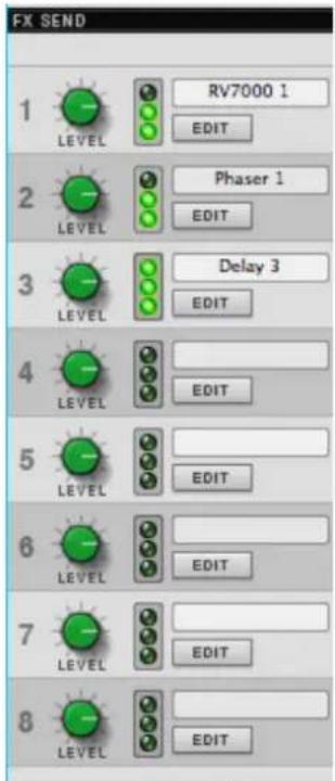 FX SEND 1 LEVEL RV7000 1 EDIT 2 LEVEL Phaser 1 EDIT 3 LEVEL Delay 3 EDIT 4 LEVEL EDIT 5 LEVEL EDIT 6 LEVEL EDIT 7 LEVEL EDIT 8 LEVEL EDIT