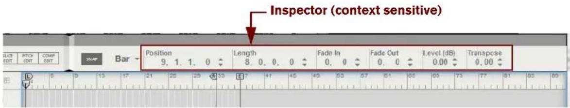 Inspector (context sensitive) Position 9. 1. 1. 0 Length 8. 0. 0. 0 Fade In 0. 0 Fade Out 0. 0 Level (dB) 0.00 Transpose 0.00