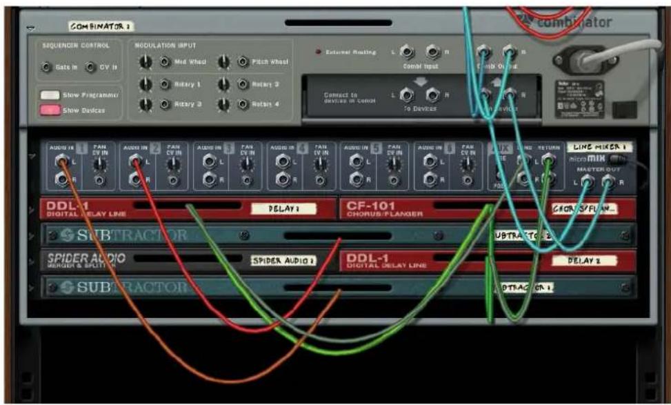 COMBINATOR 1 SEQUENCER CONTROL Gate in CV In Slow Programmer Slow Devices MODULATION INPUT Mid Wheel Pitch Wheel Rotary 1 Rotart 2 Rotary 3 Rotart 4 External Routing L R Comb Input Comb Output Connect to device in comut L R To Devices LINE MIXER 1 micro mix in MASTER OUT L R AUDIO IN PAN DV IN AUDIO IN PAN DV IN AUDIO IN PAN DV IN AUDIO IN PAN DV IN AUDIO IN PAN DV IN AUDIO IN PAN DV IN AUDIO IN PAN DV IN AUDIO IN PAN DV IN AUDIO IN PAN DV IN AUDIO IN PAN DV IN AUDIO IN PAN DV IN AUDIO IN PAN DV IN AUDIO IN PAN DV IN AUDIO IN PAN DV IN AUDIO IN PAN DV IN DLL-1 DIGITAL DELAY LINE DELAY 1 CF-101 CHORUS FLANGER GRC/FLAM... SUBTRACTOR SPIDER AUDIO MERGER & SPITCHING SPIDER AUDIO Digital DELAY LINE DELAY 2 SUBTRACTOR DLL-1 Digital DELAY LINE PTRAC ON 1