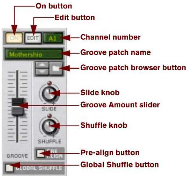 On button Edit button ON EDIT A1 Mothership Channel number Groove patch name Groove patch browser button Slide knob Groove Amount slider SHuffle knob GROOVE PRE ALIGN Pre-align button Global Shuffle button GLOBAL SHUFFLE
