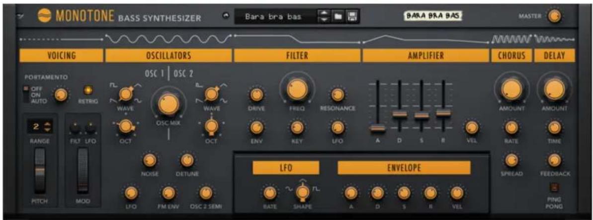 MONOTONE BASS SYNTHESIZER Bara bra bas BARA BRA BAS MASTER VOICING OSCILLATORS FILTER AMPLIFIER CHORUS DELAY PORTAMENTO OFF ON AUTO RETRIG OSC 1 | OSC 2 FL WAVE OSC MIX WAVE DRIVE FREQ RESONANCE AMOUNT AMOUNT 2 RANGE FILT LFO OCT OCT ENV KEY LFO A D S R VEL RATE TIME PITCH MOD NOISE DETUNE LFD ENVELOPE ~ FL RATE SHAPE A D S R VEL SPREAD FEEDBACK PING PONG