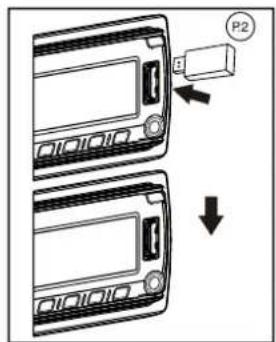 Diagram showing two car front panels with a labeled component P2 and directional arrows indicating movement or change.