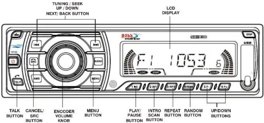 TUNING / SEEK UP / DOWN NEXT/ BACK BUTTON LCD DISPLAY TALK BUTTON CANCEL/ SRC BUTTON ENCODER VOLUME KNOB MENU BUTTON PLAY/ PAUSE BUTTON INTRO SCAN BUTTON REPEAT BUTTON RANDOM BUTTON UP/DOWN BUTTONS F:1 1053.6 LOC DISP LOUD 2 INT 3 RPT ARDM 5 F- 6 F+