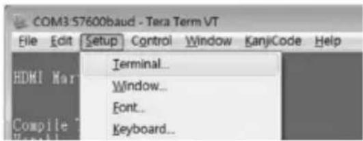 COM3:57600baud - Tera Term VT File Edit Setup Control Window KanjiCode Help HDMI Mar Terminal... Window... Font... Keyboard...