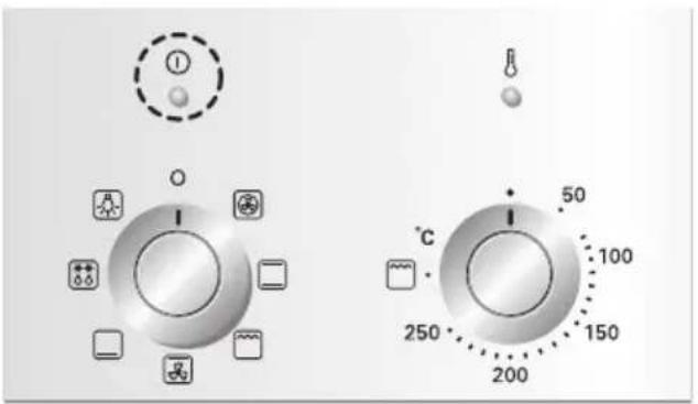 Diagram showing two circular control knobs with icons and temperature readings, one labeled '1' and the other '50', alongside a dashed circle and a light bulb.