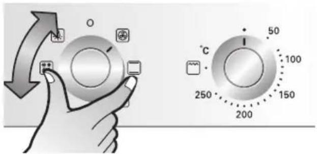 Diagram showing hand pressing a rotary knob with temperature and humidity readings, alongside a circular dial indicating 50°C.
