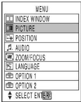 MENU INDEX WINDOW PICTURE POSITION AUDIO ZOOM/FOCUS LANGUAGE OPTION 1 OPTION 2 SELECT EN