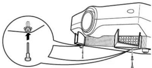 Technical diagram showing a mechanical assembly with labeled parts and an inset view of a component with a light bulb.
