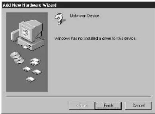 Add New Hardware Wizard Unknown Device Windows has not installed a driver for this device. Back Finish Cancel
