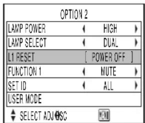 OPTION 2 LAMP POWER ← HIGH ▶ LAMP SELECT ← DUAL ▶ L1 RESET [ POWER OFF ] FUNCTION 1 ← MUTE ▶ SET ID ← ALL ▶ USER MODE SELECT ADJ OSC