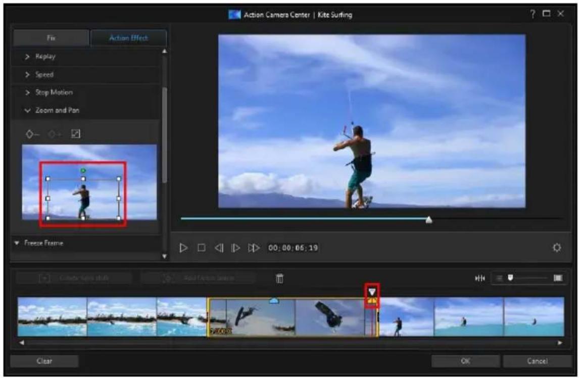 Action Camera Center | Kite Surfing Fix Action Effect > Replay > Speed > Stop Motion ✓ Zoom and Pan Freeze Frame 00:00:06:19 Clear OK Cancel