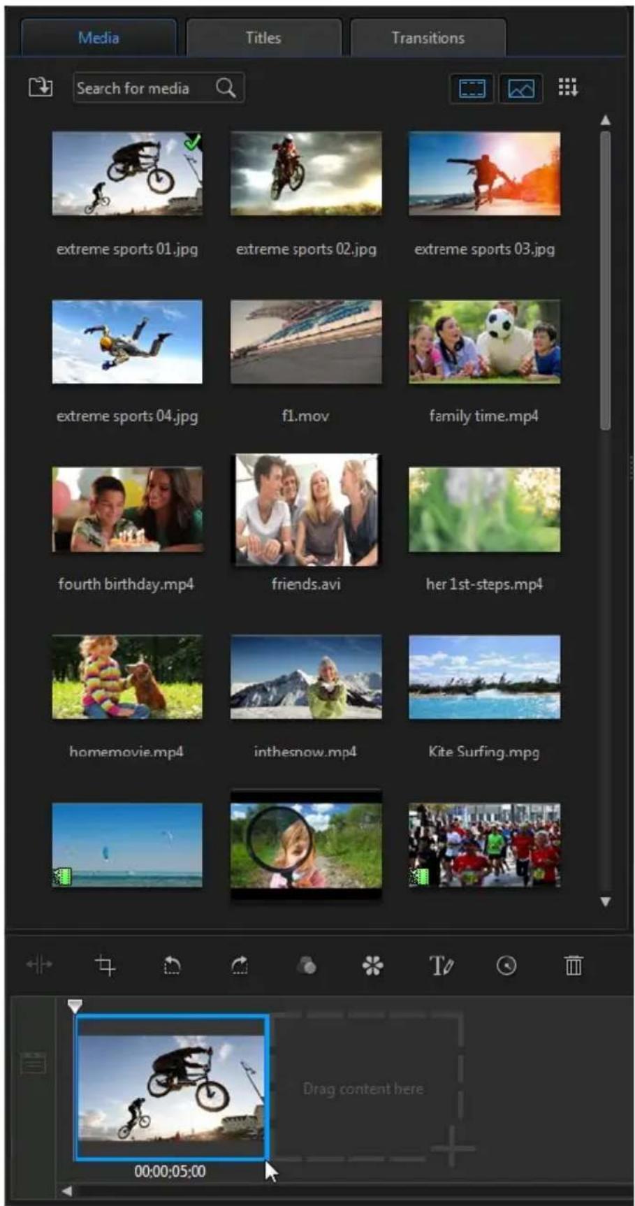 Media Titles Transitions Search for media extreme sports 01.jpg extreme sports 02.jpg extreme sports 03.jpg extreme sports 04.jpg f1.mov family time.mp4 fourth birthday.mp4 friends.avi her 1st-steps.mp4 homemovie.mp4 inthesnow.mp4 Kite Surfing.mp4 Drag content here 00:00:05:00