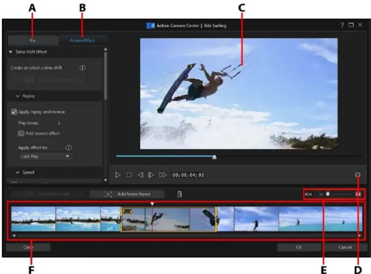 A B C Action Camera Center | Kite Surfing Fix Action Effect Time Shift Effect Create or select a time shift Replay Apply replay and reverse Play times: 2 Add reverse effect Apply effect to: Last Play Speed 00:00:04:03 Clear time shift Add freeze frame F OK Cancel E D