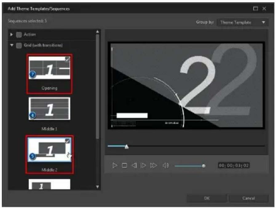 Add Theme Templates/Sequences Sequences selected: 5 Group by: Theme Template Action Grid (with transitions) Opening 1 1 Middle 1 1 Middle 2 00:00:03:02 OK Cancel