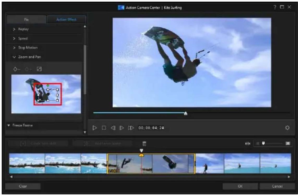 Action Camera Center | Kite Surfing Fix Action Effect > Replay > Speed > Stop Motion ✓ Zoom and Pan Freeze Frame 00:00:04:24 Cube type shift Add Action Window OK Cancel