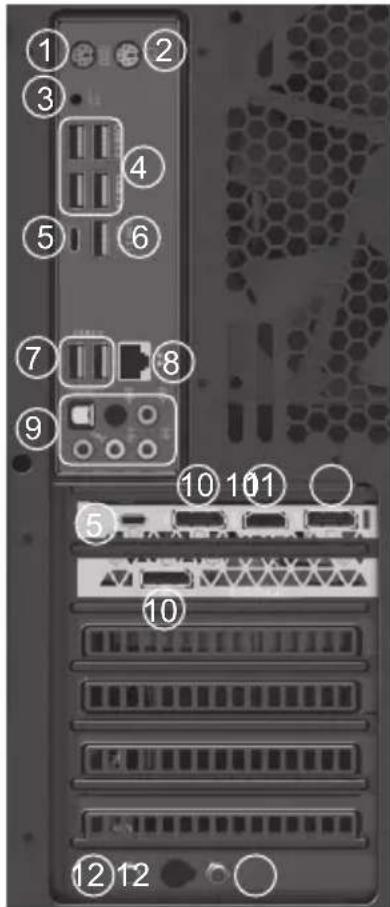 Labeled diagram of a server rack with numbered components including ports, connectors, and drive slots