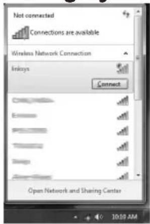 Not connected Connections are available Wireless Network Connection Linksys Connect Open Network and Sharing Center