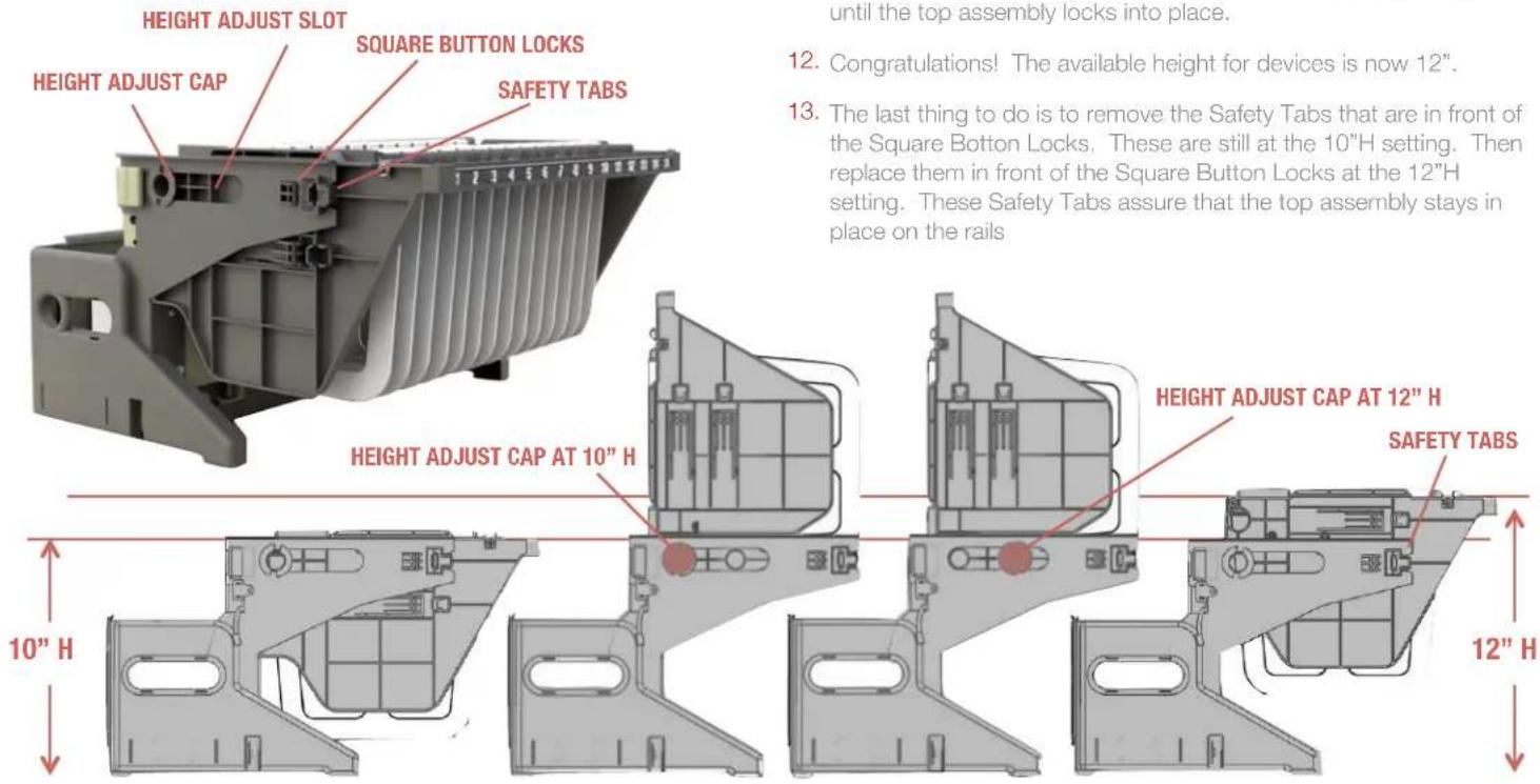 HEIGHT ADJUST SLOT SQUARE BUTTON LOCKS SAFETY TABS HEIGHT ADJUST CAP 1 2 3 4 5 6 7 8 9 10 11 12 13 14 15 16 17 18 19 20 21 22 23 24 25 26 27 28 29 30 31 32 33 34 35 36 37 38 39 40 41 42 43 44 45 46 47 48 49 50 51 52 53 54 55 56 57 58 59 60 61 62 63 64 65 66 67 68 69 70 71 72 73 74 75 76 77 78 79 80 until the top assembly locks into place. 12. Congratulations! The available height for devices is now 12". 13. The last thing to do is to remove the Safety Tabs that are in front of the Square Button Locks. These are still at the 10"H setting. Then replace them in front of the Square Button Locks at the 12"H setting. These Safety Tabs assure that the top assembly stays in place on the rails HEIGHT ADJUST CAP AT 10" H HEIGHT ADJUST CAP AT 12" H SAFETY TABS 10" H 12" H