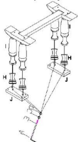 Technical diagram of a mechanical linkage system with labeled components and joint points