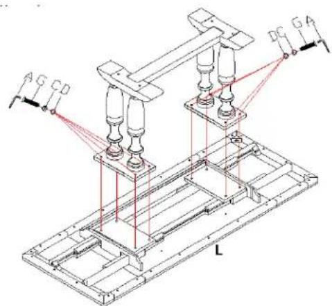 Technical diagram of an electrical insulator assembly with labeled components and red laser paths
