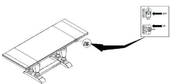 Technical diagram showing a table with an attached device and its directional control buttons labeled OFF and ON.