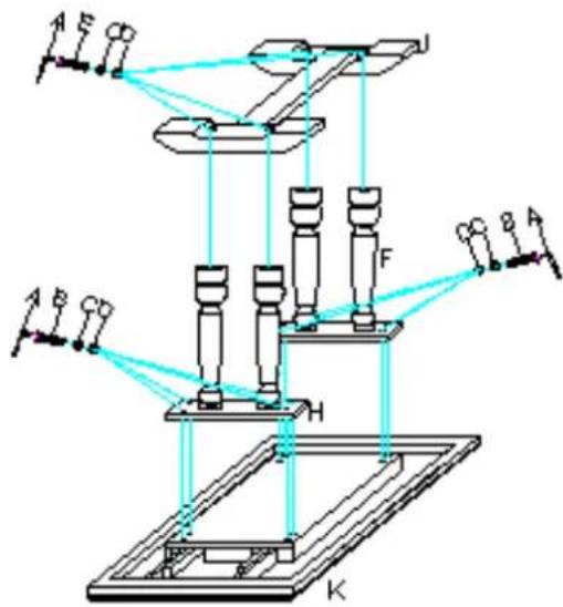 Diagram of an optical or mechanical setup with labeled components and light paths, including lenses, mirrors, and detectors.