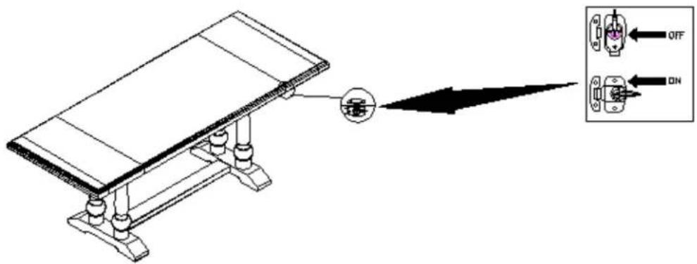 Technical diagram showing a mechanical assembly with labeled components and directional indicators (OFF, ON) pointing to specific parts.