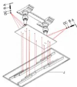 Technical diagram showing a mechanical assembly with labeled components and red laser lines indicating paths or motion.