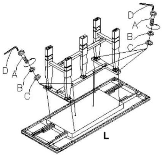Technical diagram of a mechanical or electrical assembly with labeled components A, B, C, D and a base L, showing connections and structural elements.