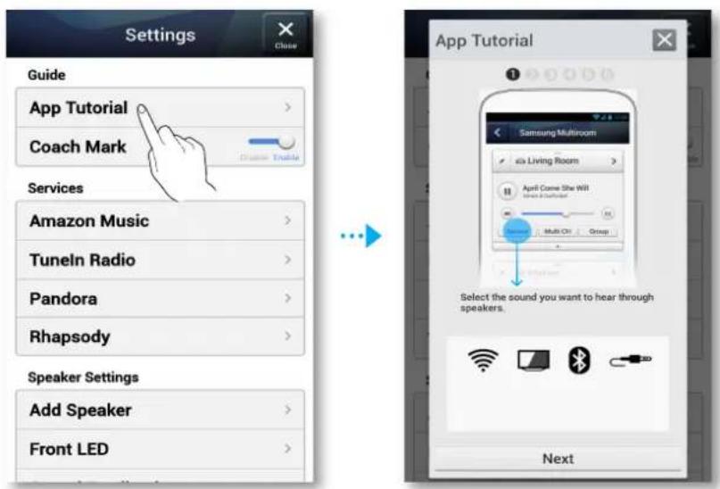 Settings Guide App Tutorial Coach Mark Services Amazon Music Tuneln Radio Pandora Rhapsody Speaker Settings Add Speaker Front LED App Tutorial Samsung Multicom Living Rooms April Come She Witt Multi On Group Select the sound you want to hear through speakers. Next