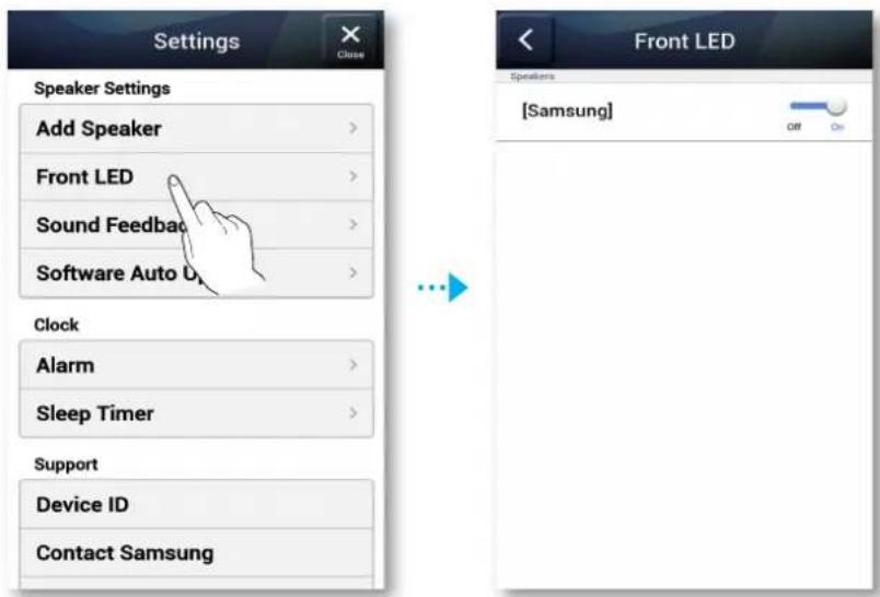 Settings Speaker Settings Add Speaker Front LED Sound Feedback Software Auto U Clock Alarm Sleep Timer Support Device ID Contact Samsung Front LED Speakers [Samsung] Off On