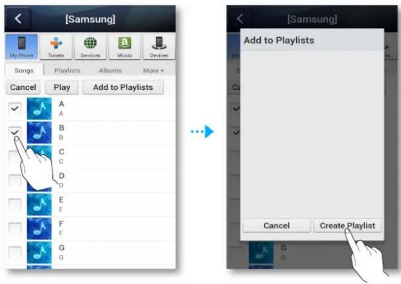 [Samsung] My Phone Tuneln Services Music Devices Songs Playlists Albums More + Cancel Play Add to Playlists A A B B C C D D E E F F G G ... [Samsung] Add to Playlists Cancel Create Playlist
