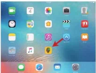 Screenshot of an iPad home screen showing app icons with a red arrow pointing to a location pin.