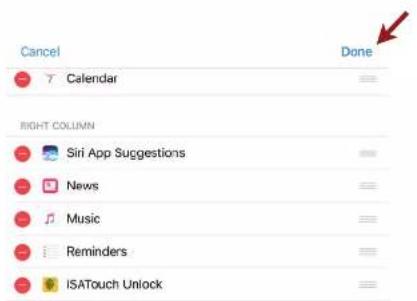 Cancel Calendar Done RIGHT COLUMN Siri App Suggestions News Music Reminders ISATouch Unlock