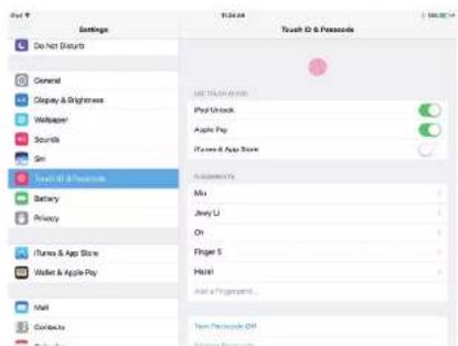 Settings Do Not Disurbs General Display & Brightness Wirepaper Soundlist Spin Touch ID & Passcode Battery Security iTunes & App Store Walker & Apple Pay Mail Contacts Touch ID & Passcode Play Unlock Apple Pay iTunes & App Store Accessories Mix Joyy Li On Finger 5 Hotel Ask a Fingerprint... New Passcode Off