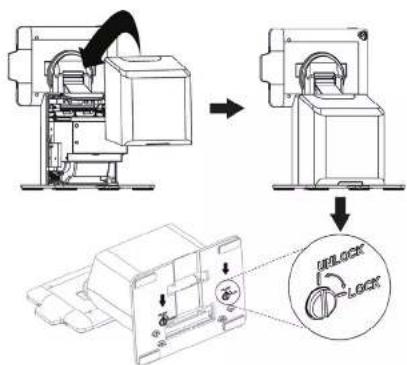 Technical diagram illustrating the process of a device lock mechanism, showing step-by-step assembly and lock control.