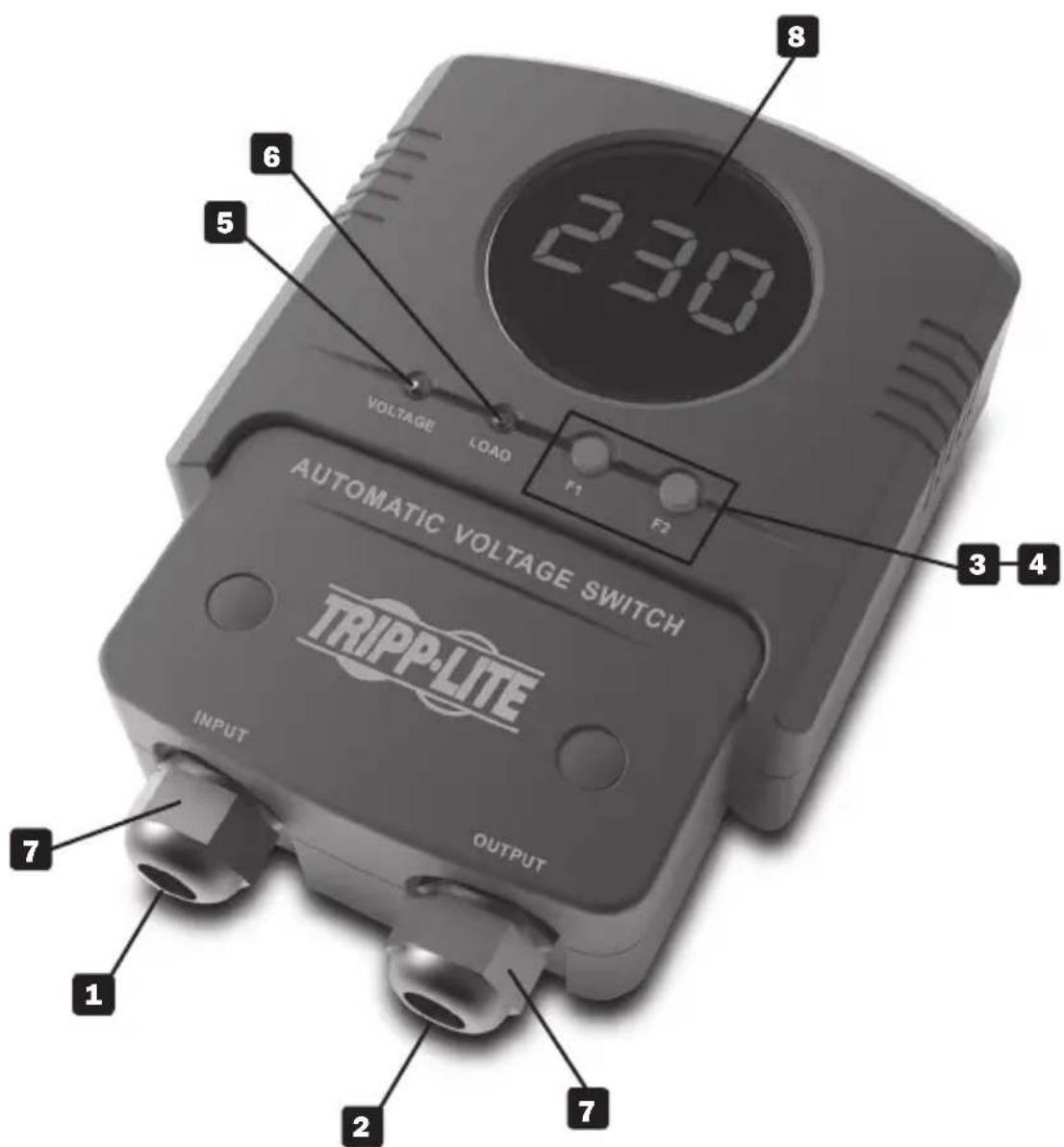 230 VOLTAGE LOAD F1 F2 AUTOMATIC VOLTAGE SWITCH TRIPP-LITE INPUT OUTPUT 7 1 2 7 8