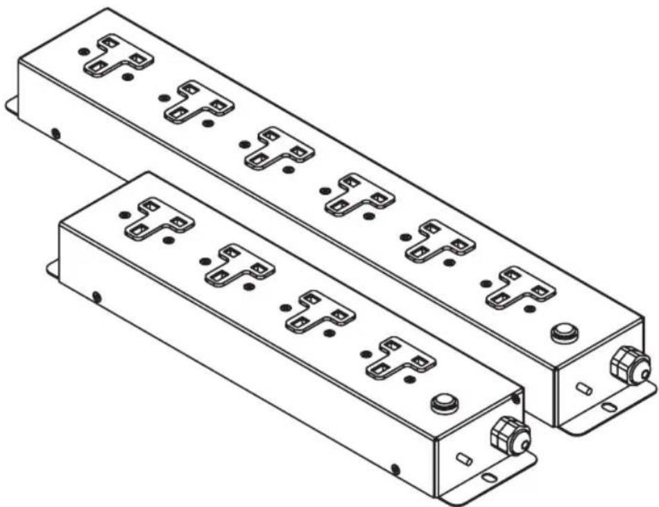 Technical line drawing of two rectangular electronic modules with mounting holes and connectors (no text or symbols)