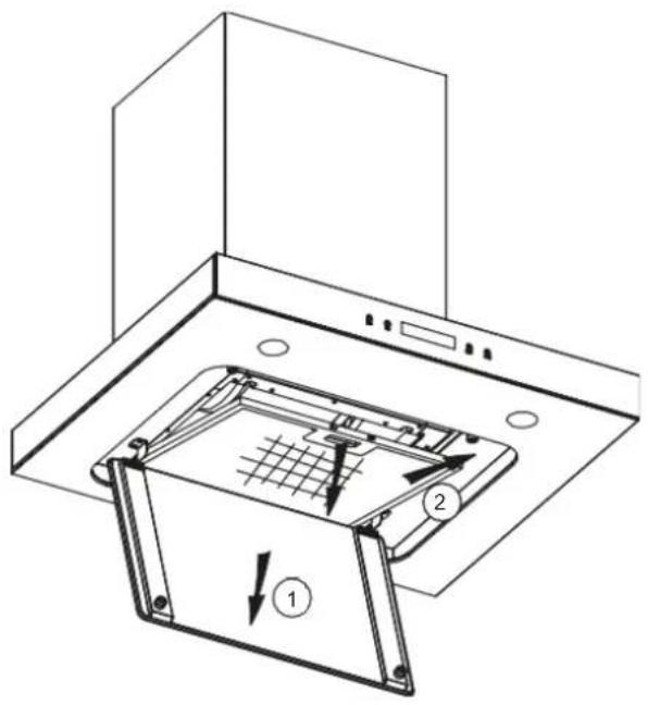 Technical diagram of a kitchen appliance with labeled parts and directional arrows indicating assembly or movement.