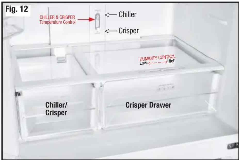 Fig. 12 CHILLER & CRISPER Temperature Control ← Chiller ← Crisper HUMIDITY CONTROL Low <---->High Chiller/ Crisper Crisper Drawer